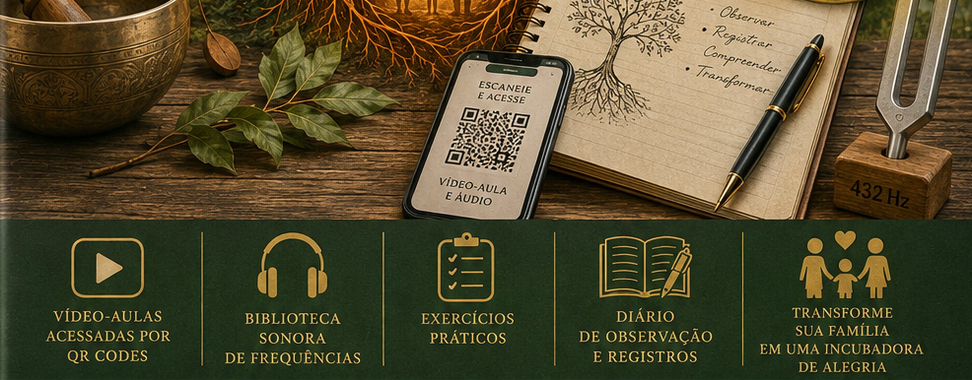 Material do Método em Ação: celular com QR code para vídeo-aulas, caderno de observação, taça tibetana, diapasão de 432 Hz, e os ícones de vídeo-aulas, biblioteca sonora, exercícios práticos e diário de observação
