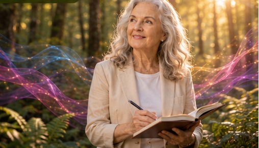 Silvia Rezende em pé, registrando anotações em um caderno